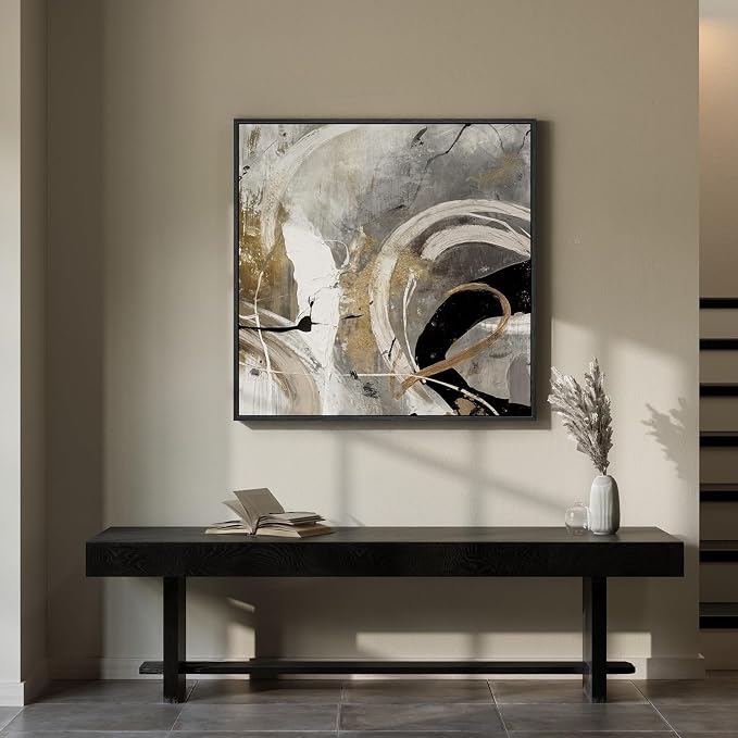 Framed Neutral Abstract Wall Art, Modern Gray Black Gold Canvas Prints Artwork - Image 4