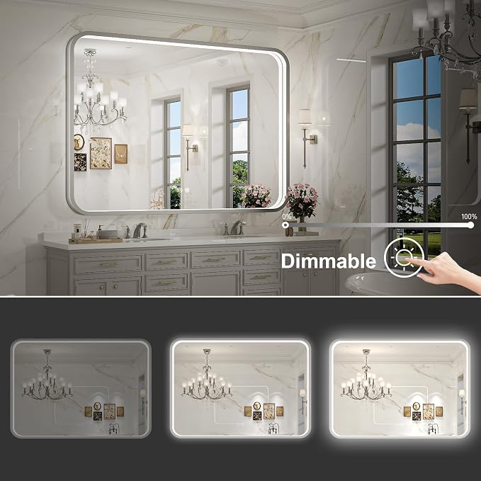 LED Bathroom Mirror with Lights, 43x36 Inch Brushed Silver Framed Lighted - Image 3