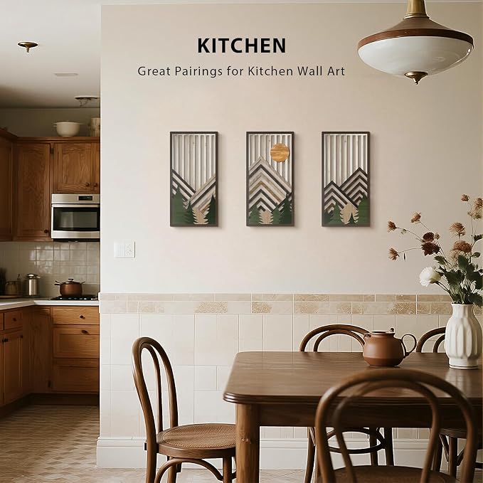 VIYYIEA Boho Solid Wood Carved Wall Art Set of 3, Geometric Minimalist Wooden - Image 6