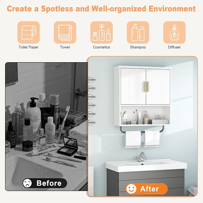 Bathroom Wall Cabinet with Towel Bar, 2 Doors & Adjustable Shelves - Image 6