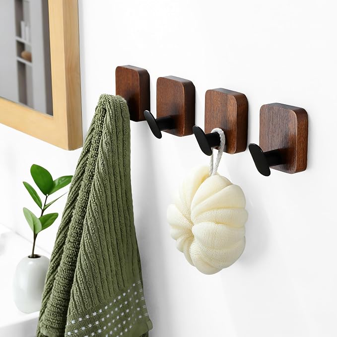 DELITON Wooden Wall Hooks, 4 Pack Acacia Adhesive Towel Hooks Sticky on - Image 5