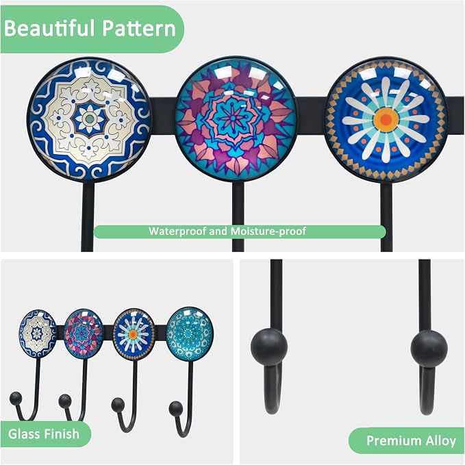 Coat Rack Wall Mounted with 4 Hooks, Round Blue Pattern Decorative Wall Hooks - Image 5