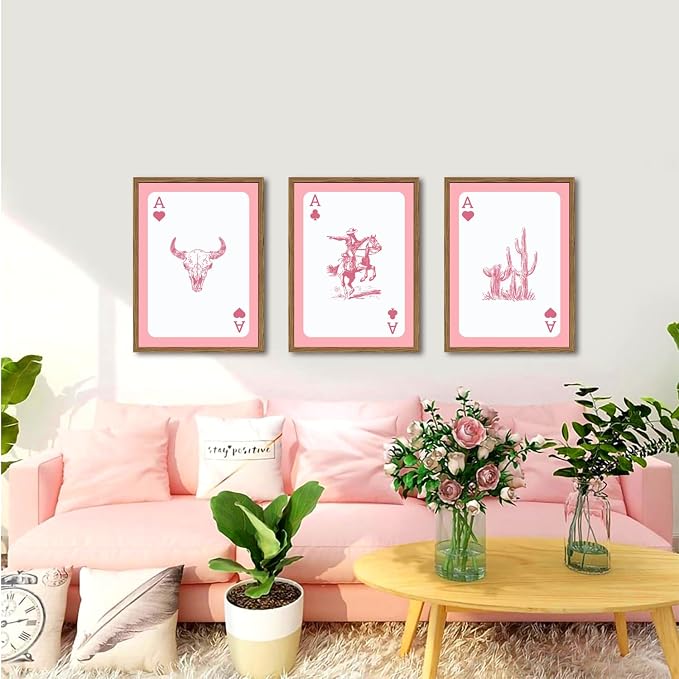Set of 3 Western Cowgirl Wall Art Pink Bull Skull Wall Decor Painting - Image 6