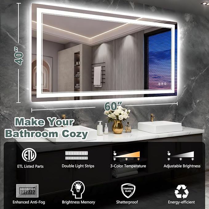 60x40 Inch LED Bathroom Mirror - Image 2
