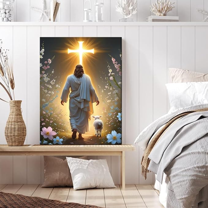 Jesus and Lamb Canvas Wall Art Christian Cross Jesus Walking Toward Light Wall - Image 3