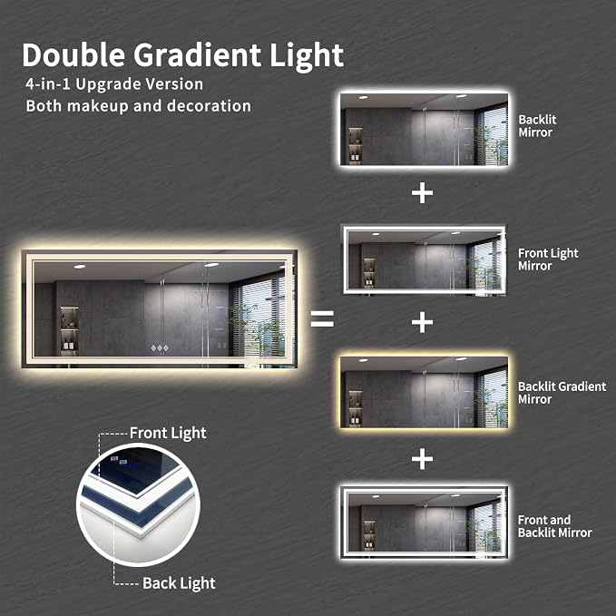 Bathroom Mirrors for Wall, 88x38 Inch Gradient Front and Backlight Big Lighted - Image 4