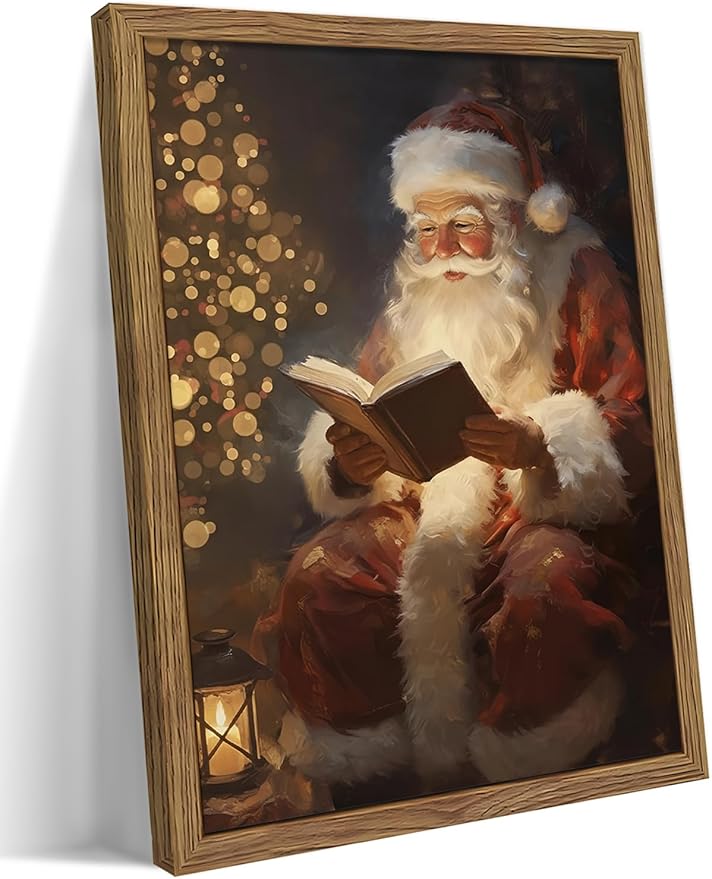 Framed Santa Christmas Wall Art, Vintage Santa Claus Reading Canvas Paintings by MUWAKWallArt