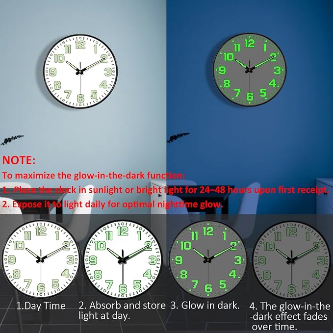 12 Inch Silent Wall Clocks Battery Operated, Glow in The Dark Wall Clock - Image 4