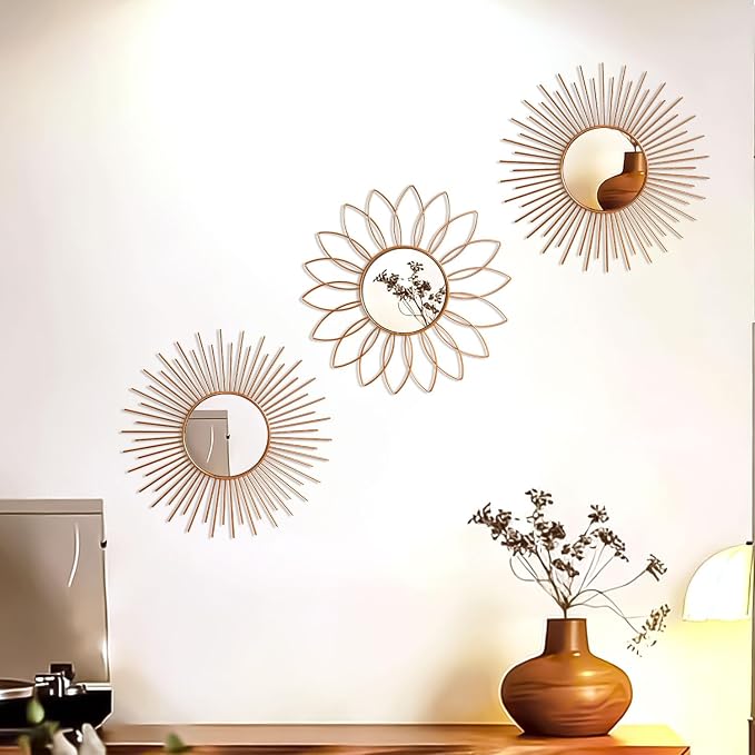 3 Pack Metal Mirrors for Wall Sunburst Wall Mirrors Home Décor Decorative - Image 3