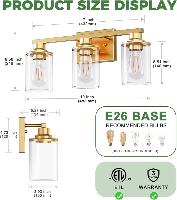 DORESshop 20 Inch Bathroom Light Fixtures, 3-Light Gold Bathroom Lighting - Image 5