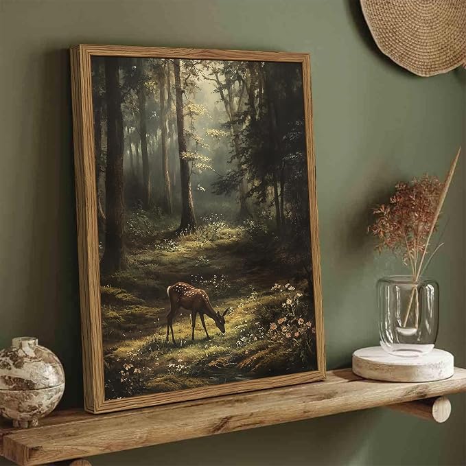 Framed Vintage Forest Deer Canvas Wall Art, Rustic Nature Landscape Paintings - Image 4