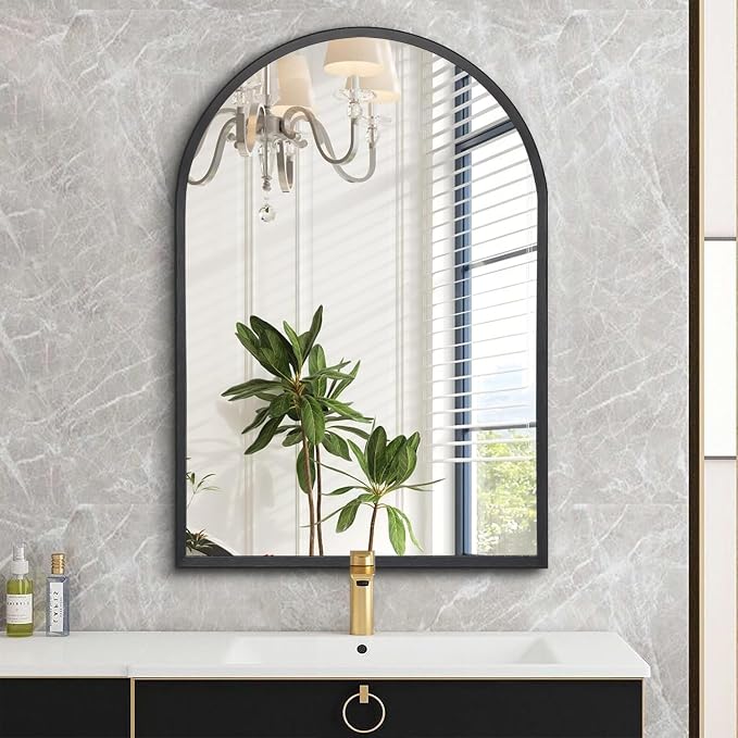 Black Arched Bathroom Wall Mirror Brushed Metal Vanity Wall Mounted Mirror - Image 3