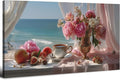 Vintage Pink Flower Wall Art Retro Flowers in Golden Vase Pictures Blue Ocean by HOME
