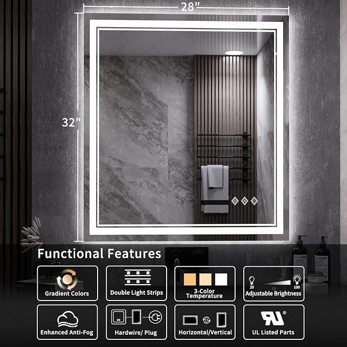 LED Bathroom Mirror, 28x32 Inch Gradient Front and Backlit LED Vanity Mirror - Image 2