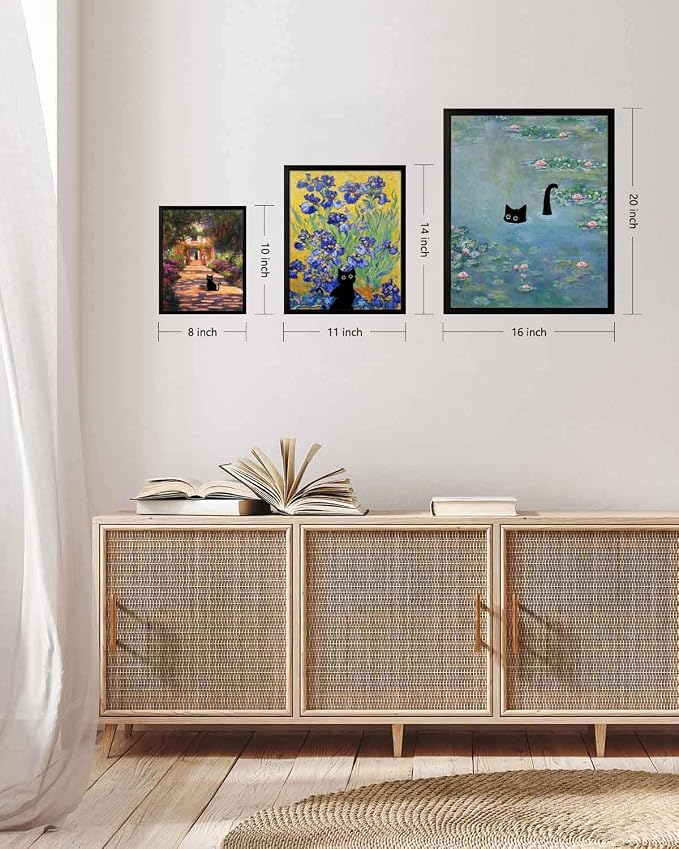 Hamduker Funny Black Cat Wall Art, Monet Art Water Lily Cat Wall Art Decor - Image 8