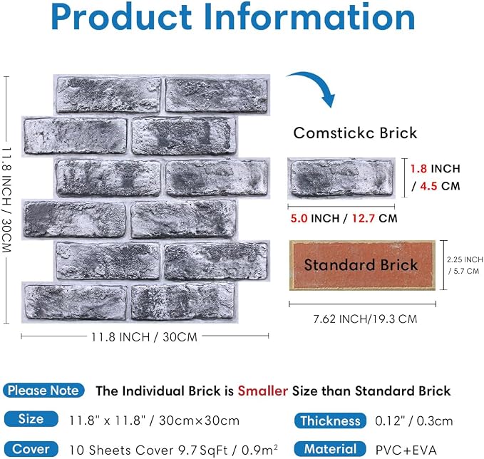 COMSTICKC 3D Faux Brick Wall Panels Peel and Stick, Small Size Thin PVC - Image 4