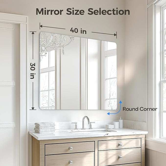 USHOWER 40x30 Inch Large Frameless Bathroom Mirror, Rectangle Wall Vanity Mirror - Image 4