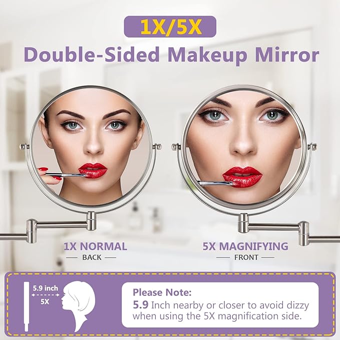 Wall Mounted Makeup Mirror, 1X/5X Magnifying Mirror Double Sided, 8 Inch - Image 2