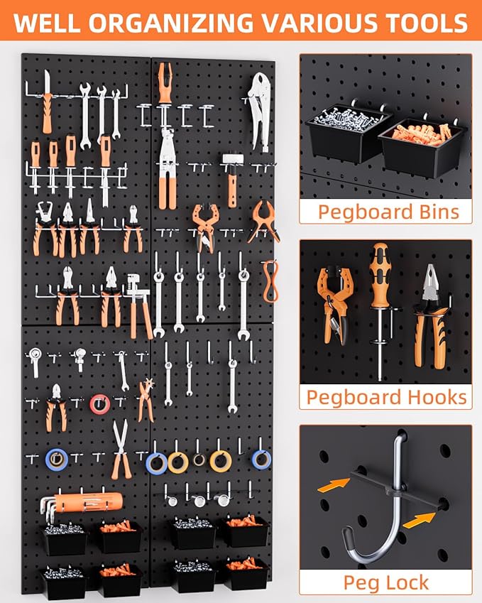 INCLY 158PCS Metal Pegboard Wall Organizer, 48x24 Inch Black Pegboard Panels - Image 5