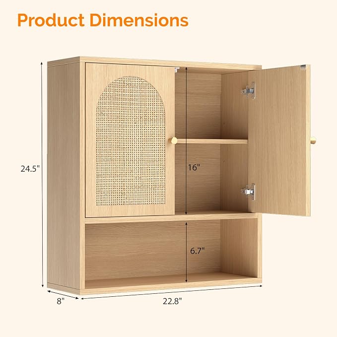 VINGLI Rattan Bathroom Wall Cabinet, Boho Medicine Cabinet - Image 2
