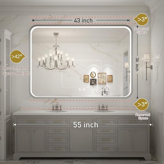 LED Bathroom Mirror with Lights, 43x36 Inch Brushed Silver Framed Lighted - Image 6