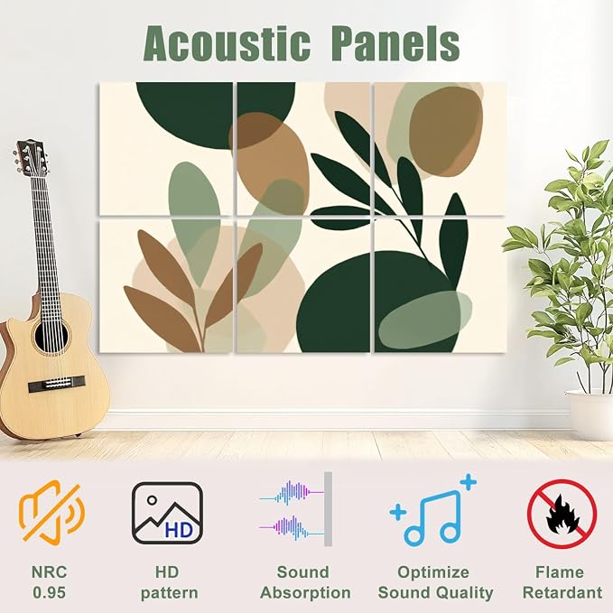 6 Pack Art Acoustic Panels Sound Absorbing Boho Botanical Leaf Orange Green - Image 3