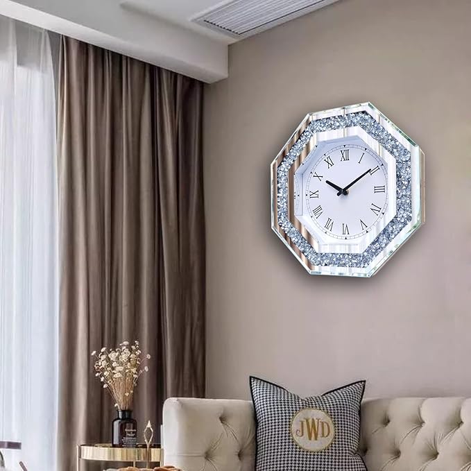 Wall Clock, Octagon Mirror Glass Clock, Cute Diamond 12-inch Non-Ticking Clock - Image 5