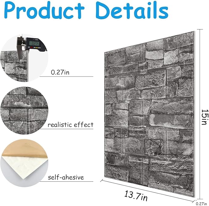 3D Wall Panels Peel and Stick in Black Grey Stone, Textured Faux Brick Wall - Image 2