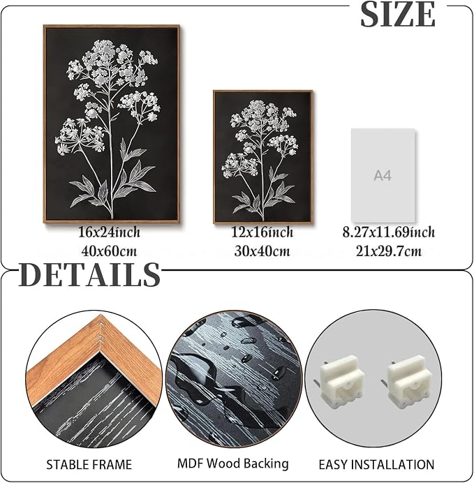 KISSFOX Framed Floral Botanical Canvas Wall Art Vintage Black Background Plant - Image 4