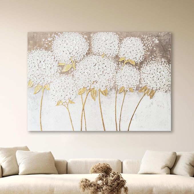 JolyWell Large hand painted wall art White Hydrangea Canvas Wall decor - Image 9