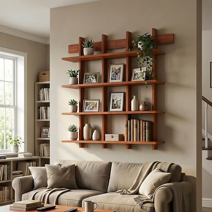 4-Tier Wall Mounted Bamboo Bookshelf, 43×52 Inch Large Floating Shelves - Image 8