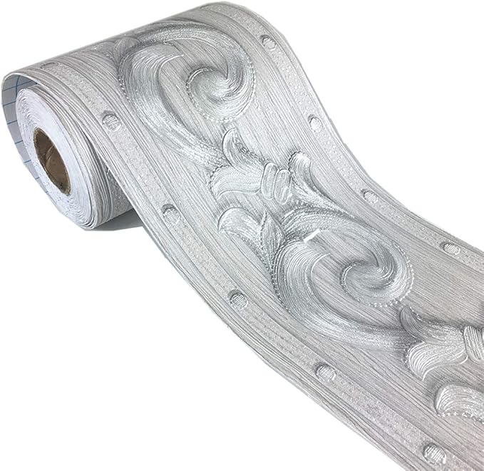 REDODECO Elegant Silver Grey Floral Molding Wallpaper Border Peel Stick Home by REDODECO