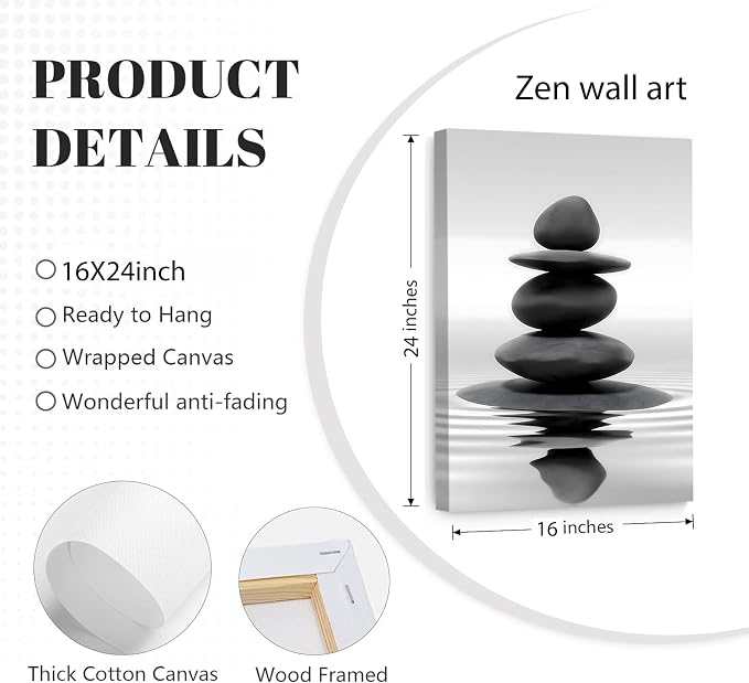 Zen Canvas Wall Art Black Stacked Stone Poster Print - Image 5