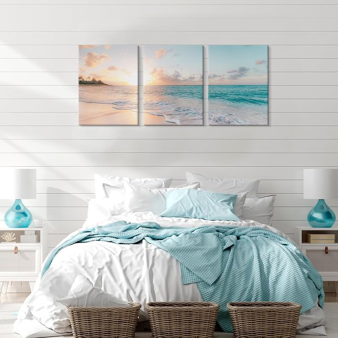Goldfoilart 3 Pieces Beach Wall Art Sunset Bathroom Canvas Pictures Ocean Wall - Image 7