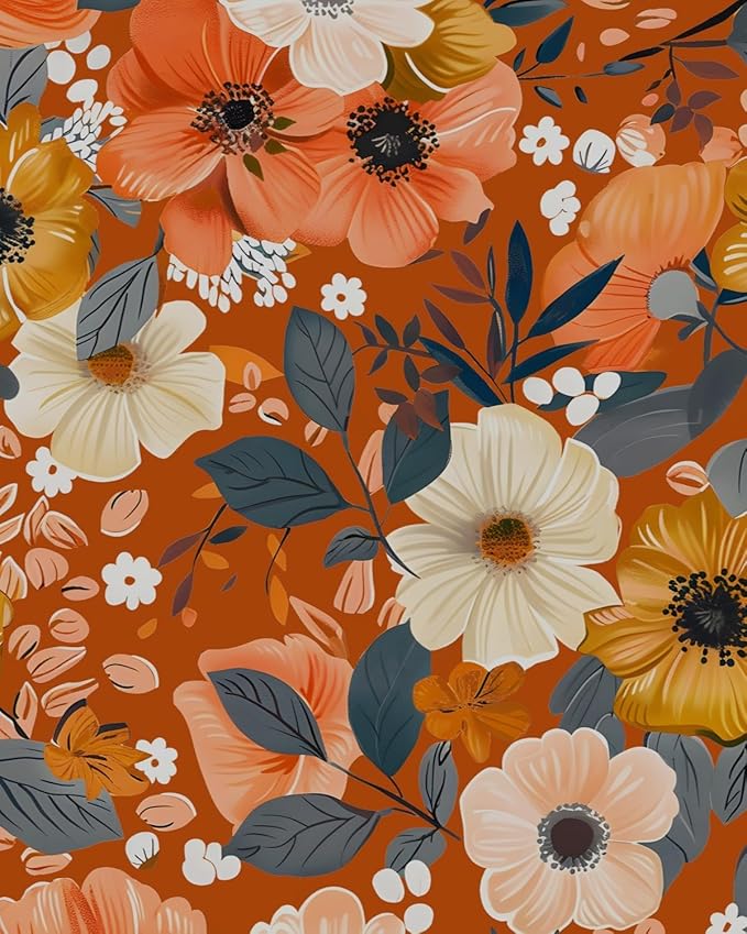 BOKEBEVE Extra Long Orange Wallpaper Stick and Peel Boho Floral Contact Paper by BOKEBEVE