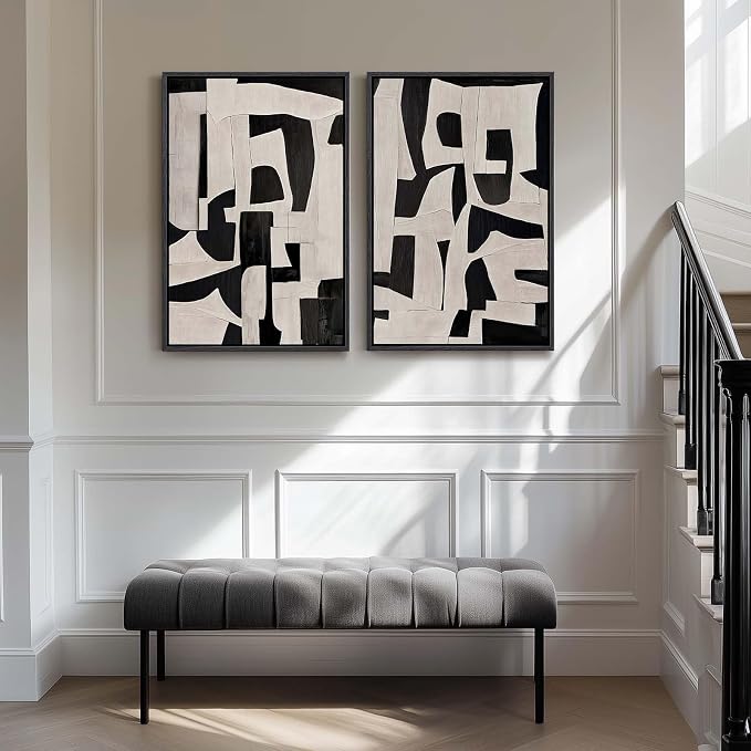 Large Framed Black and Beige Abstract Wall Art, Modern Art Prints Pictures - Image 4