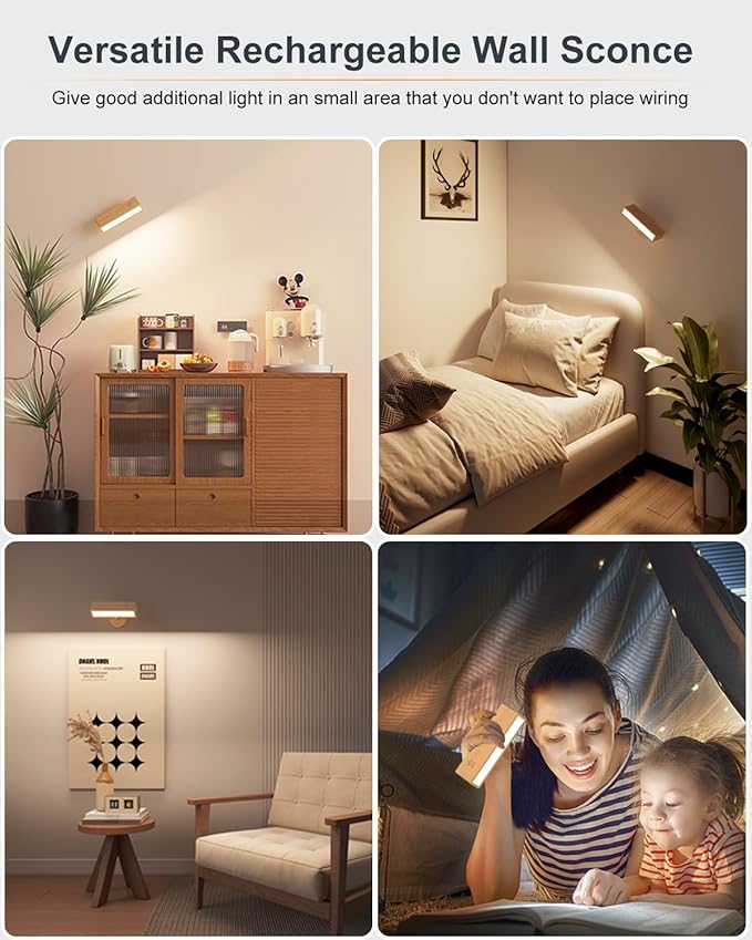 DetarZinLED Wall Lights Battery Operated Wooden, Magnetic Wall Sconces - Image 3