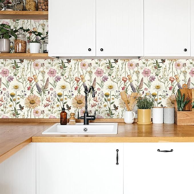 Livebor Floral Peel and Stick Wallpaper Floral Bird Contact Paper 16.9inch x - Image 5