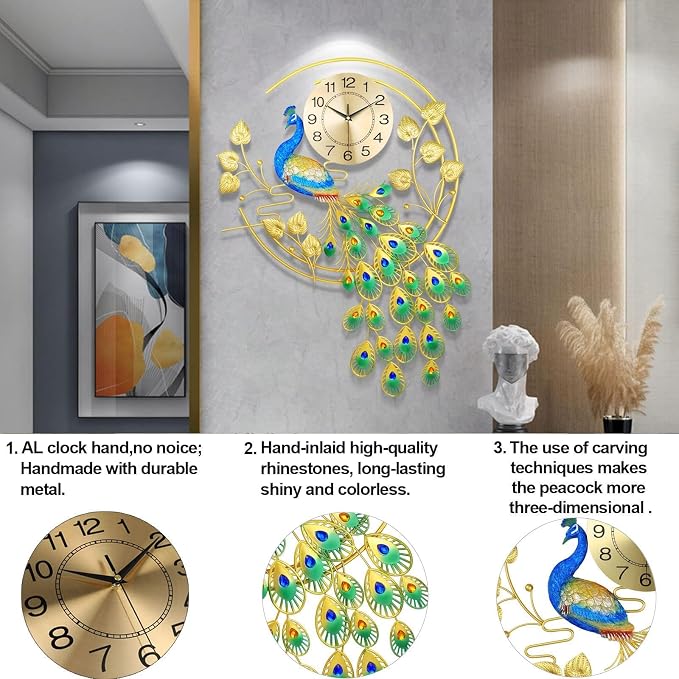 36.6 Inch Large Peacock Wall Clock Non-Ticking Silent, Creative Decorative - Image 6