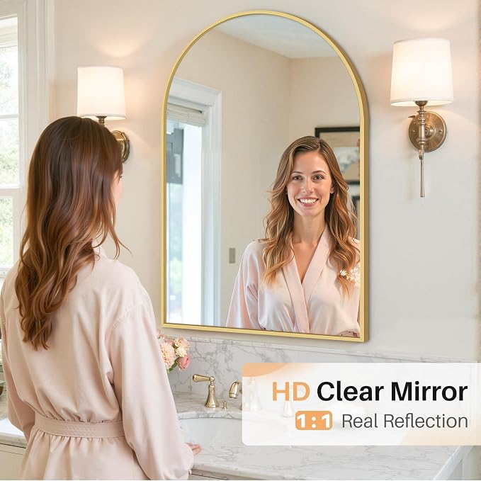 Bathroom Mirror for Wall, 36x24 Inch Arched Mirror, Matte Gold Metal Framed - Image 8