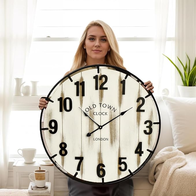 EMAX HOME Farmhouse White 30 Inch Wooden Large Wall Clock, Silent Non-Ticking by EMAXHOME