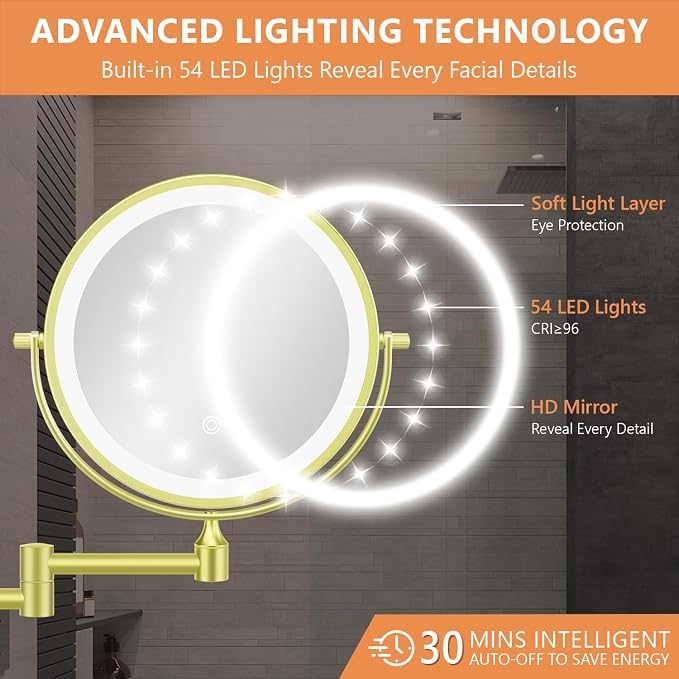 Auxmir 8'' Wall Mounted Lighted Makeup Mirror, 3200mAh Rechargeable - Image 6