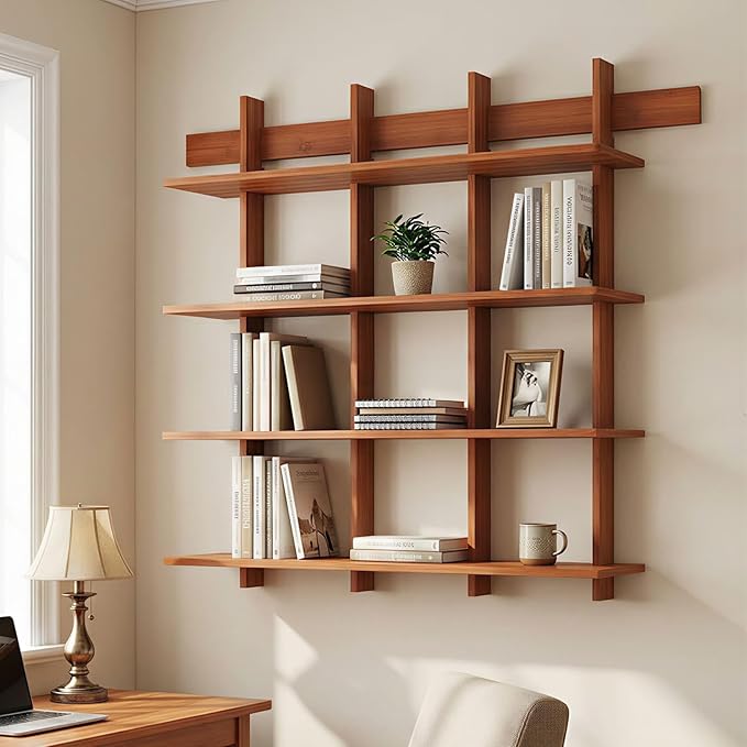4-Tier Wall Mounted Bamboo Bookshelf, 43×52 Inch Large Floating Shelves - Image 6