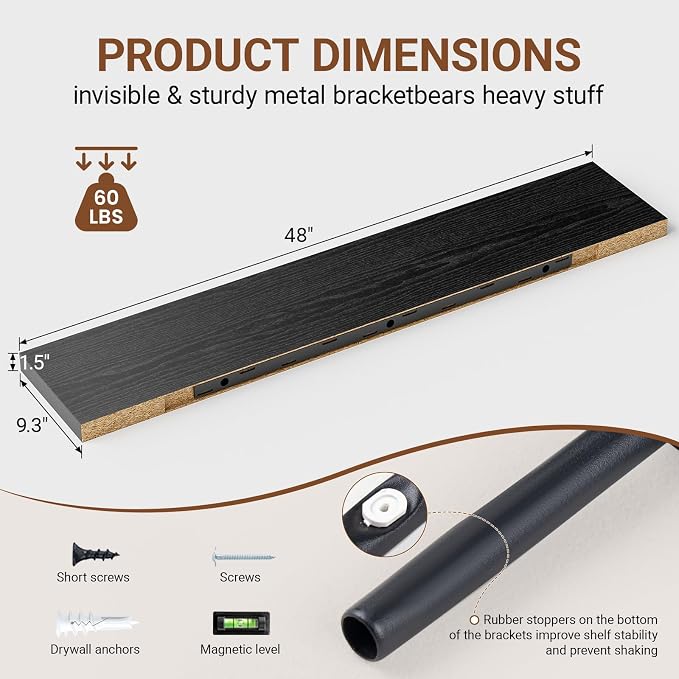 Heimlove Floating Shelves for Wall 48 Inches Long, 9.3" Deep Black Floating - Image 3