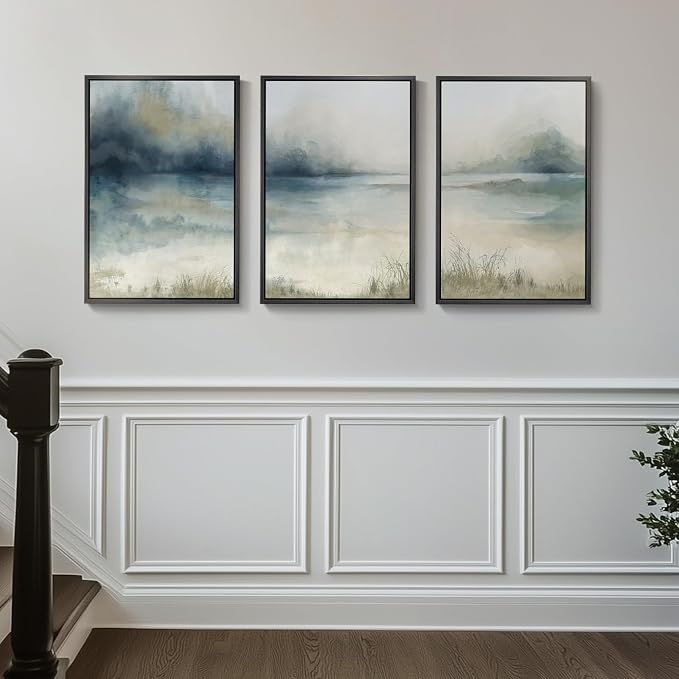 Framed Abstract Landscape Wall Art, 3 Piece Blue Watercolor Canvas Prints - Image 4