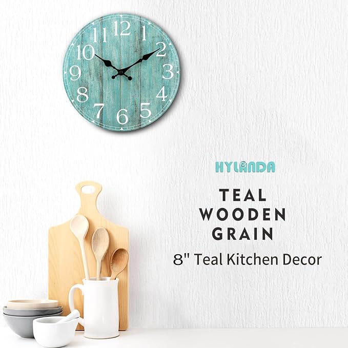 Wall Clock, Teal Silent Non-Ticking Battery Operated, Kitchen Rustic Vintage - Image 5