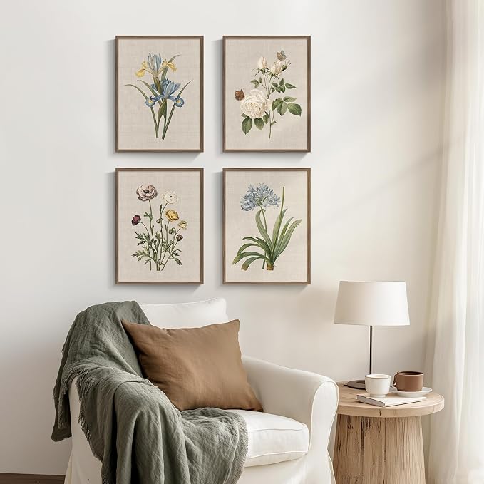 Framed Vintage Botanical Wall Art, 4 Piece Rustic Floral Painting Canvas Prints - Image 2