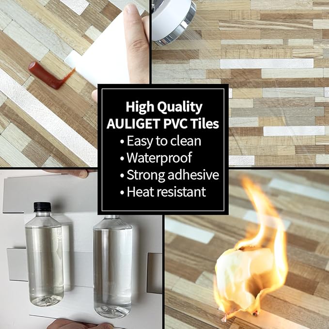 AULIGET 2 Sheets Beige & Brown Wood Peel and Stick Backsplash, PVC Mixed Metal - Image 5