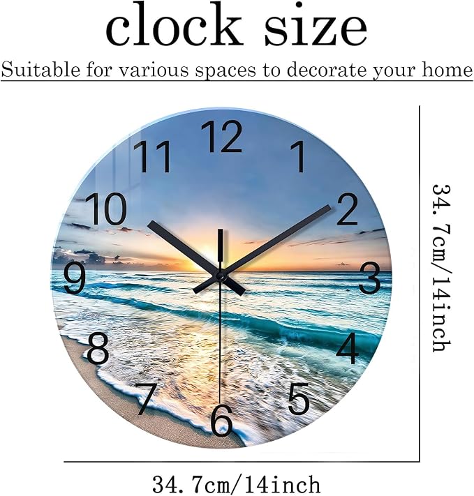 Blue Beach Wall Clock for Kitchen 14 Inch Round Coastal Clocks for Walls Analog - Image 5