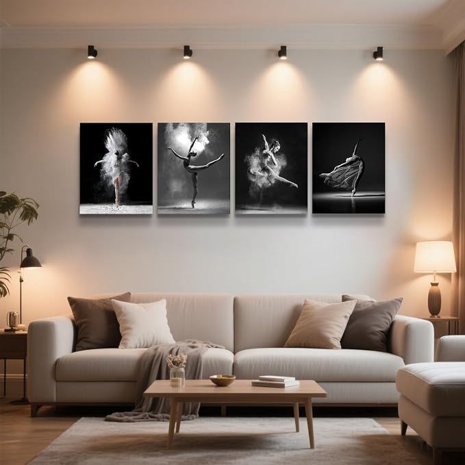 NCYEL 4Pcs Black and White Ballet Wall Art Girl Dancing Canvas Prints Elegant - Image 3